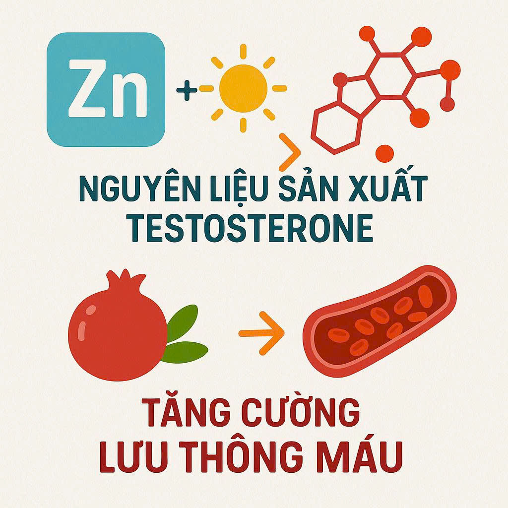 Infographic giải thích cơ chế dinh dưỡng tác động đến sinh lý nam, bao gồm việc sản xuất testosterone và tăng cường lưu thông máu.